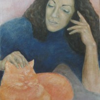 Ölbild einer Frau, die einen roten Kater streichelt